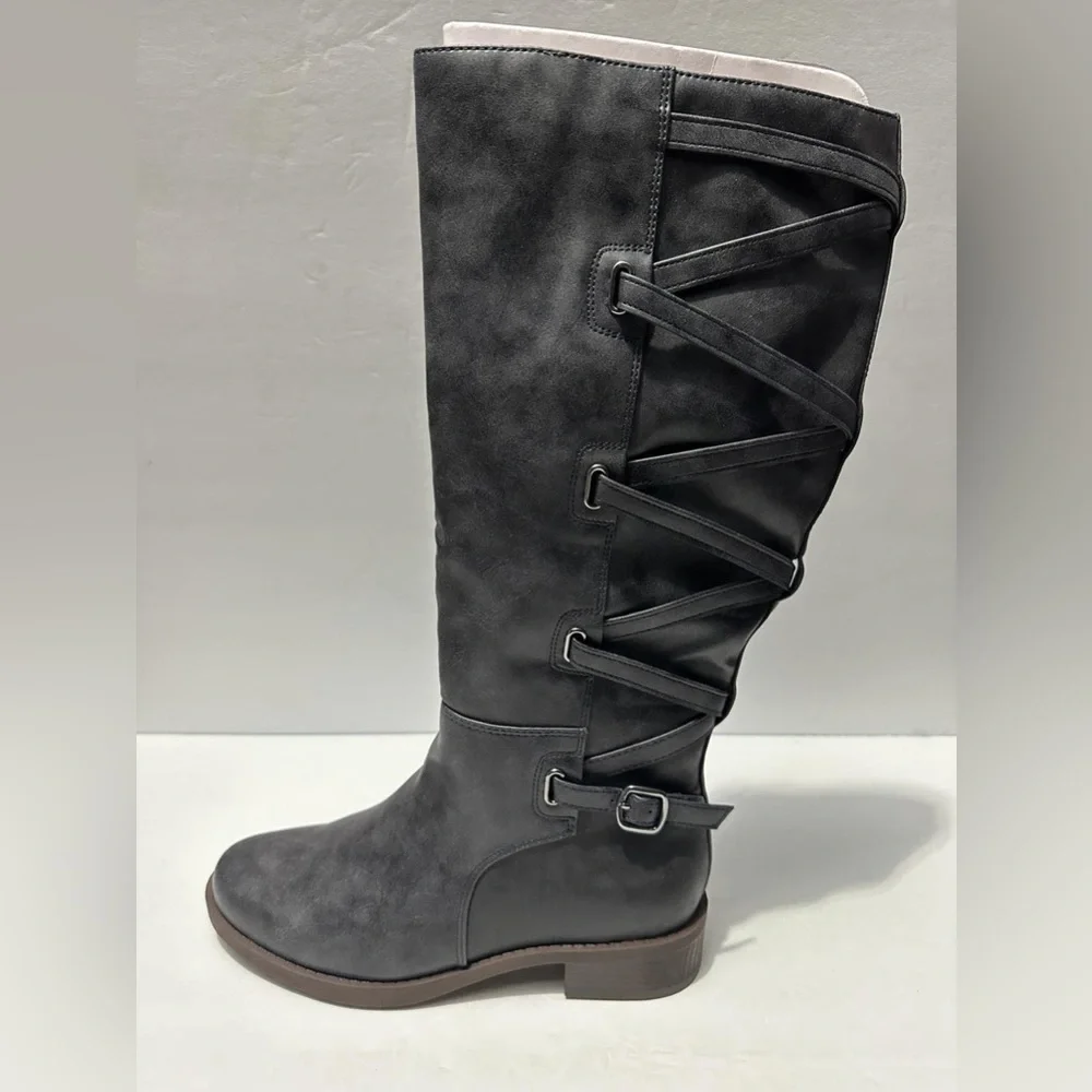 Journee Collection Womens Carly WideCalf Stacked Heel Riding boots Size 7 navy